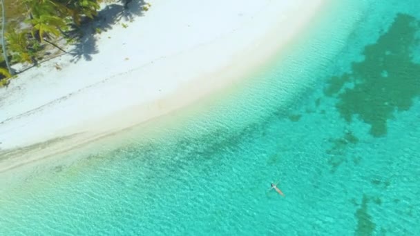 TOP DOWN: Jonge vrouw rustend bij het tropische eiland in het verfrissende water. — Stockvideo