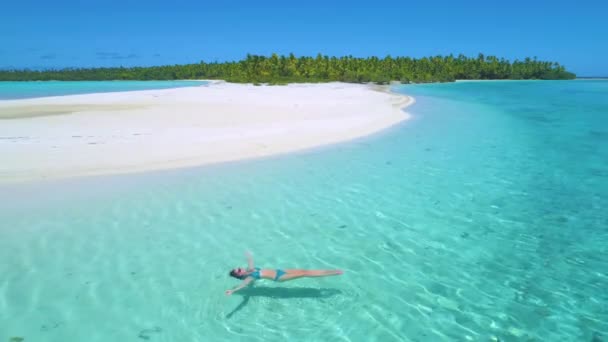 AERIAL: Junge Frau entspannt sich im glasigen Meerwasser vor der üppigen exotischen Insel — Stockvideo