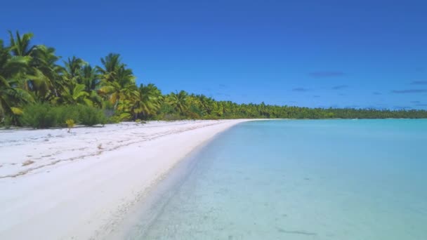 AERIAL: Voando sobre a tranquila água do oceano raso pela costa arenosa. — Vídeo de Stock