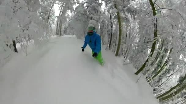 SELFIE: Extreme male snowboarder carves out of a dangerous snowy forest in Alps. — Stock Video