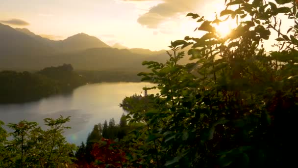 Drönare: Ljus sommar morgon solstrålar lysa på den berömda sjön Bled i Slovenien. — Stockvideo