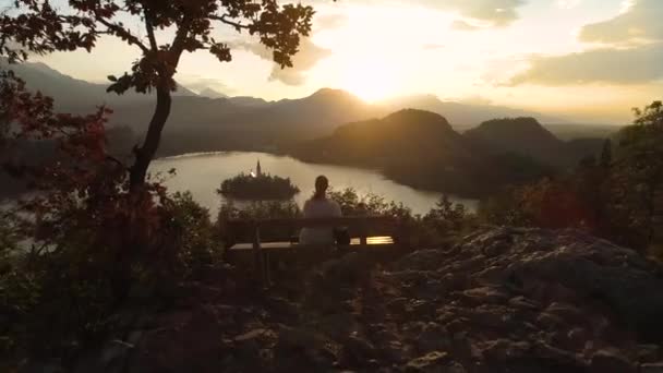 AERIAL: Volando sobre turista sentada en el banco y observando el lago Bled. — Vídeo de stock