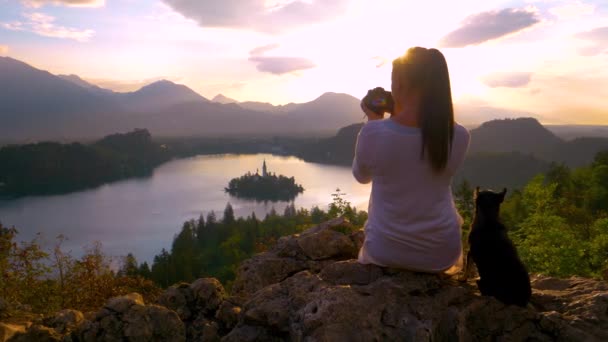 FLARE DE LA LENTE: Linda pinscher en miniatura se sienta al lado de su dueño tomando fotos de Bled — Vídeos de Stock