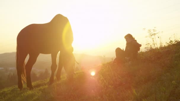 SILHOUETTE: Великий жеребець випасується на заході сонця, поки дівчина сидить поруч у траві . — стокове відео