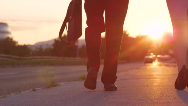 Молоді партнери по роботі, що йдуть додому на заході сонця після ділової зустрічі — стокове відео