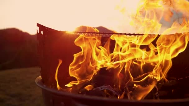 Makro: Brennstoff wird auf das Feuer gegossen, das in einem Holzkohlegrill brennt. — Stockvideo