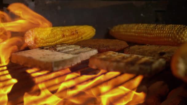 MOTION SLOW : Brûler le feu rôtissant le tofu et le maïs sur le gril de charbon de bois . — Video