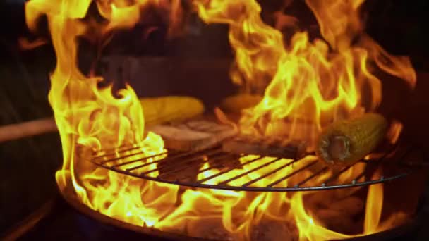 Slow Motion: Płomienie wychodzą z gorącego węgla drzewnego i pieczone jedzenie na grillu. — Wideo stockowe