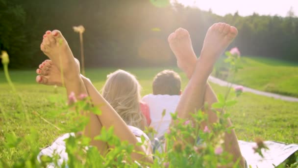 Sluiten omhoog Onherkenbaar blootsvoets paar liggend op de deken en kijkend naar de natuur — Stockvideo