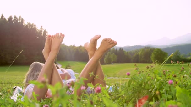 ZAMKNIJ DOF Nierozpoznana para leżąca na kocu na łące w słoneczny dzień — Wideo stockowe