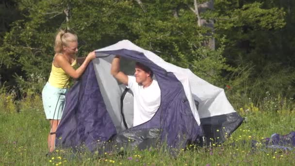 Genervte Freundin streitet mit Freund, während sie ihr Zelt am Wald aufschlagen. — Stockvideo
