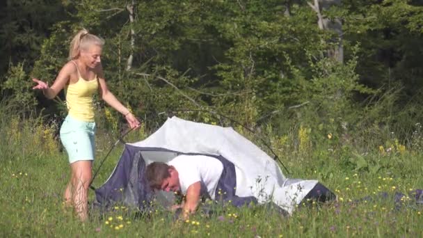 Genç evliler kamp gezisi sırasında çadırı nasıl kuracaklarını tartışıyorlar. — Stok video