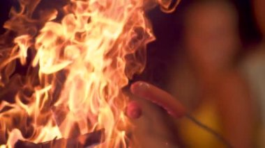MACRO, DOF: Delicious weiners are held on skewers above the fiery orange flames.
