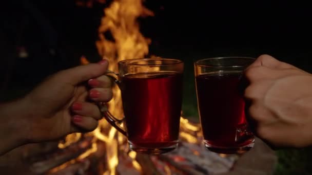 Makro Dof: Oigenkännlig man och kvinna rostat bröd med te för att fira camping resa — Stockvideo