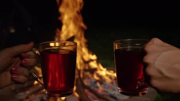 Közelkép: Két fiatal egy tábortűz felett teáskannával teli poharat tart — Stock videók