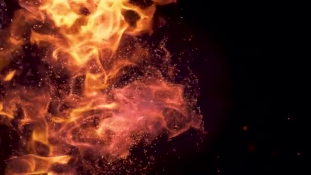 垂直慢动作：在燃烧的篝火中，在树枝周围飞舞的火花. — 图库视频影像