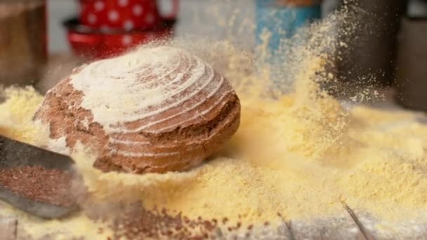 Zeitlupe: Dunkelbraunes Brot fällt in einen Haufen groben Maismehls — Stockvideo