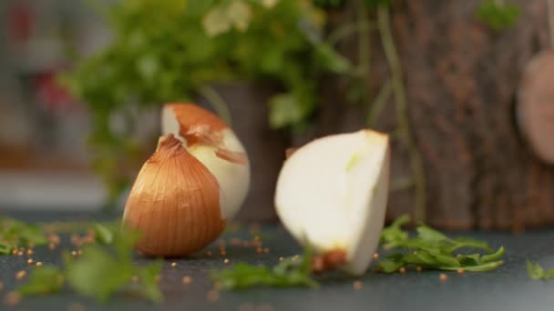 MOVIMIENTO Lento: La fragante cebolla descuartizada cae sobre el mostrador de la cocina negra . — Vídeos de Stock