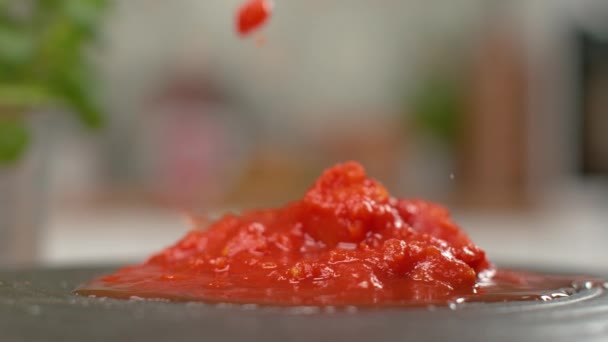 Macro, Dof: Lezzetli çiğ domates parçaları taze marinara sosuna dökülüyor. — Stok video