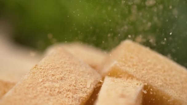 SLOW MOTION: Delicious parmesan cheese is sprinkled over the whole squares. — Stock Video