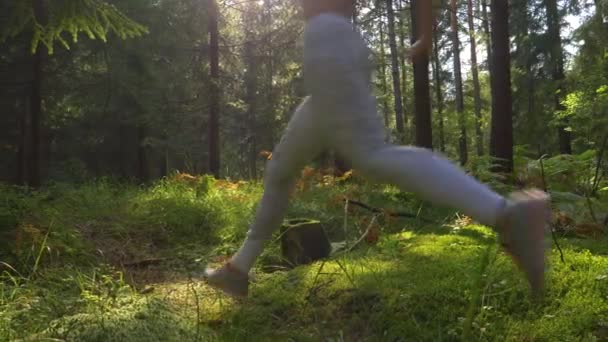 LOW ANGLE: Αθλητική ξανθιά γυναίκα πρόκειται για ένα χαλαρωτικό τρέξιμο μέσα από το δάσος. — Αρχείο Βίντεο
