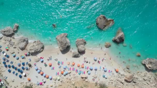 특별: 라운지 의자에서 휴식을 취하고 청록색 바다에서 수영하는 관광객들 — 비디오