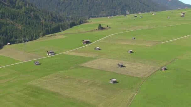 AERIAL: Flying above wooden shacks scattered around the vibrant green meadows. — Stock Video