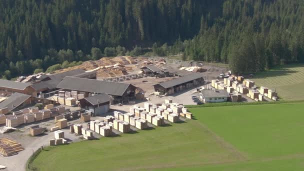 DRONE: Flying around a lumberyard full of organized stacks of planks and logs. — Stock Video