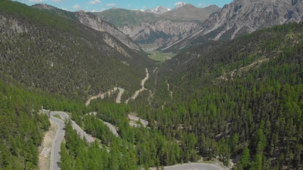 AERIAL: Flying above a switchback road winding through the dark green forest. — Stock Video