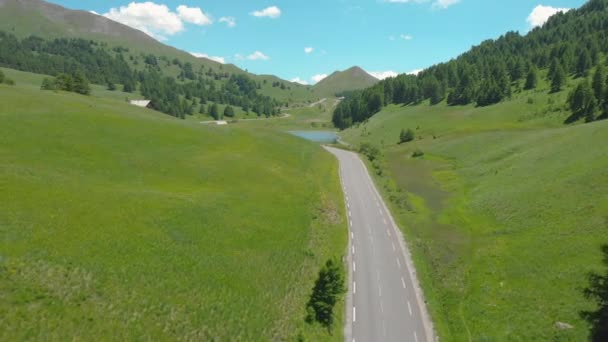 DRONE: Auto 's rijden naar het rustige smaragdgroene meer en het hotel aan het meer. — Stockvideo