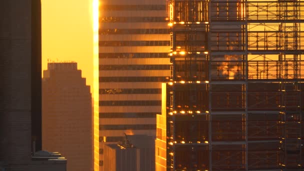 CLOSE UP: Golden Sunset afspejler den glasagtige skyskraber i New York City . – Stock-video