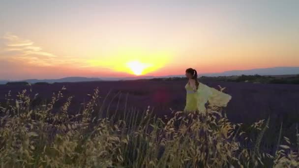 Feliz joven en vestido amarillo brillante camina a través de los campos de lavanda . — Vídeos de Stock