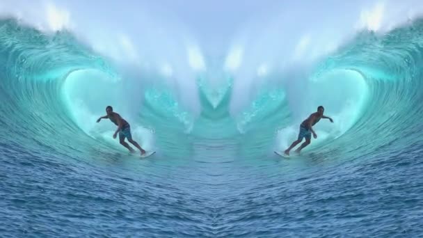 MOVIMIENTO Lento: Dos surfistas montando una hermosa ola de cañón en forma de corazón — Vídeos de Stock