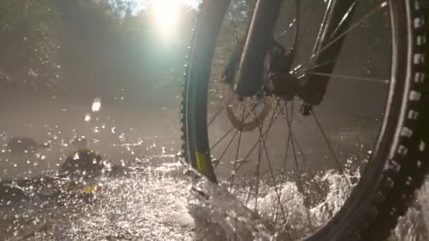 MOCIÓN LENTA: Dos personas irreconocibles montando nuevas bicicletas de montaña a través del arroyo . — Vídeo de stock