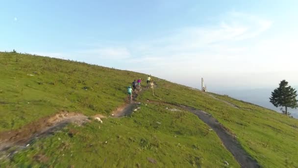 AERIAL: Volando por encima de cuatro amigos montando sus bicicletas de montaña por un estrecho sendero. — Vídeos de Stock