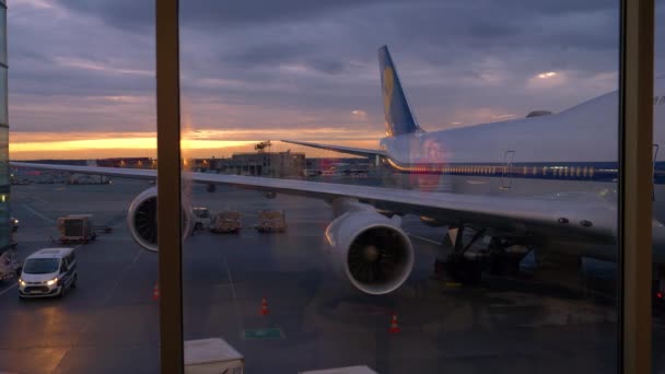 阳光明媚的夜晚，停放的飞机和繁忙的机场的别致的窗景 — 图库视频影像