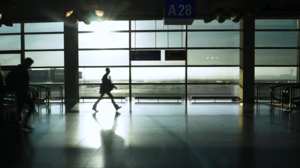 SILHOUETTE: Viajantes apressar-se pelo corredor do aeroporto como eles tentam chegar ao seu portão — Vídeo de Stock