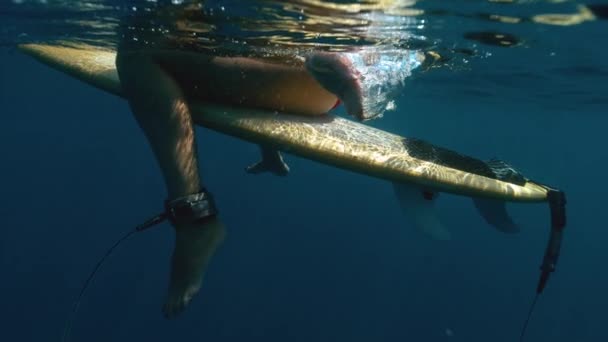 ONDERWATER: Jonge vrouwelijke surfer spat water terwijl ze op haar surfplank zat. — Stockvideo