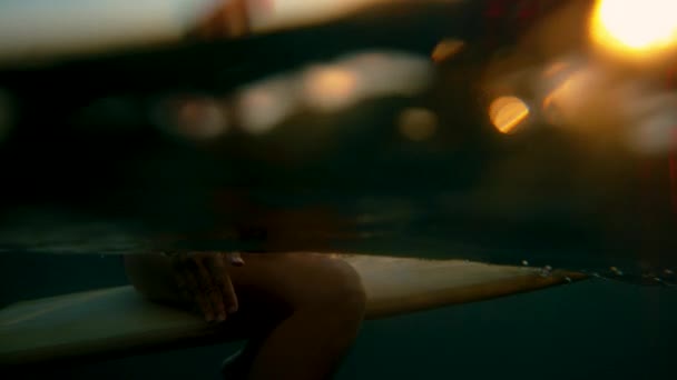 HALF UNDERWATER: Surfer girl se sienta en la tabla de surf y espera una ola al atardecer. — Vídeo de stock