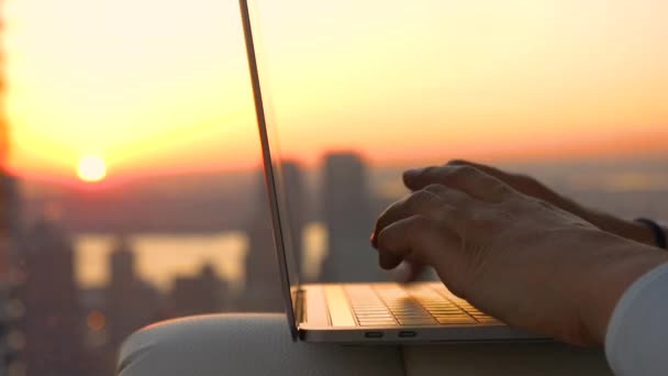 CERRAR, DOF: Los rayos dorados del sol brillan a través de la ventana en la mujer que trabaja en el ordenador portátil — Vídeo de stock