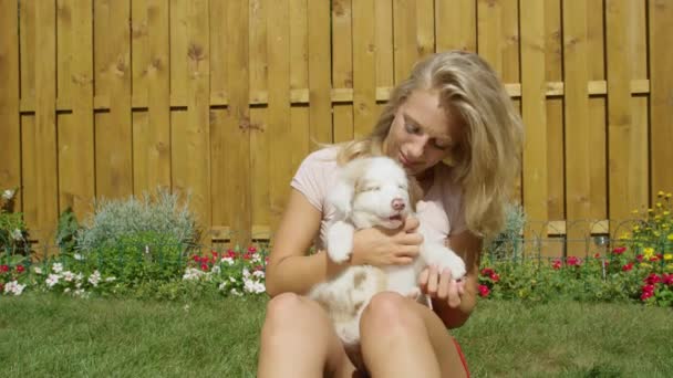 Movimiento lento: Mujer joven feliz disfrutando de un día soleado mientras se acaricia con el cachorro . — Vídeo de stock