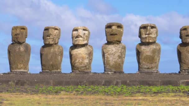 AFSLUITEN: Mysterieuze monolithische beelden in Rapa Nui allemaal netjes op een rij geplaatst. — Stockvideo