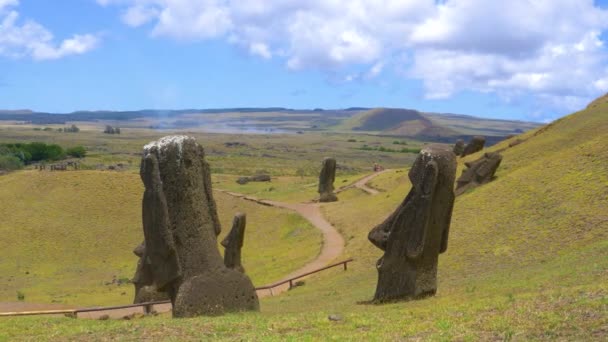 AERIAL: Turister gå längs den natursköna vägen som leder förbi en vulkan och stora moais — Stockvideo