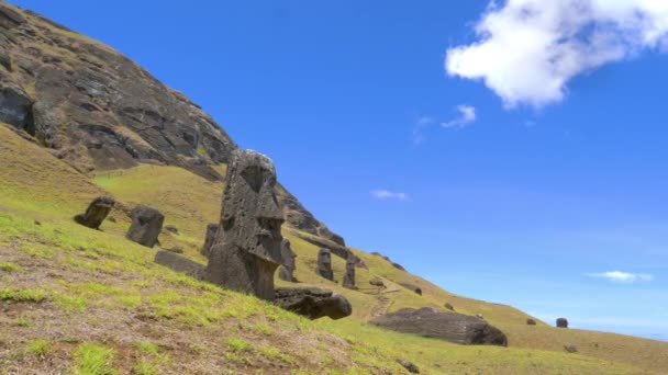 ÂNGULO BAIXO: Vista panorâmica de esculturas com rostos humanos na ilha remota . — Vídeo de Stock