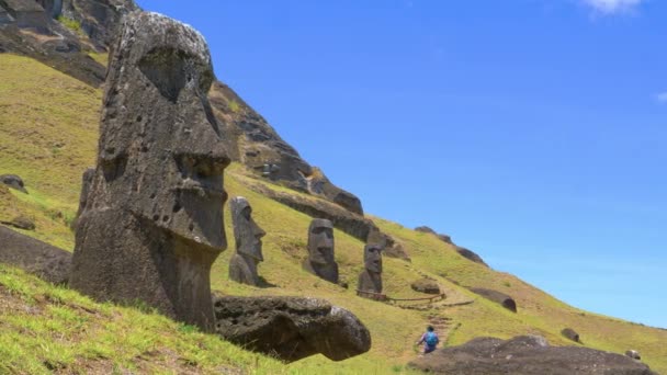 Tanımlanamayan turist, moai heykellerinin önünden geçen patika boyunca yürüyor.. — Stok video