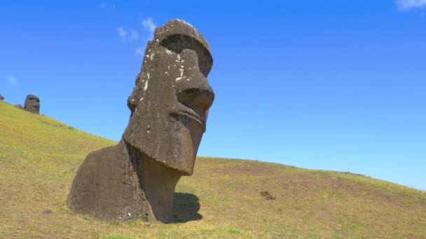 COPY SPACE: Ιπτάμενη βολή από ενδιαφέροντα αγάλματα Moai διάσπαρτα γύρω χορταριασμένο λόφο — Αρχείο Βίντεο