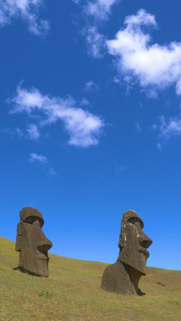 VERTICALE: Nuvole bianche scivolano sopra due grandi statue moai su isolotti remoti esotici. — Video Stock
