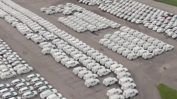 DRONE: Vliegen boven een parkeerplaats gereserveerd voor gloednieuwe auto 's uit de haven. — Stockvideo