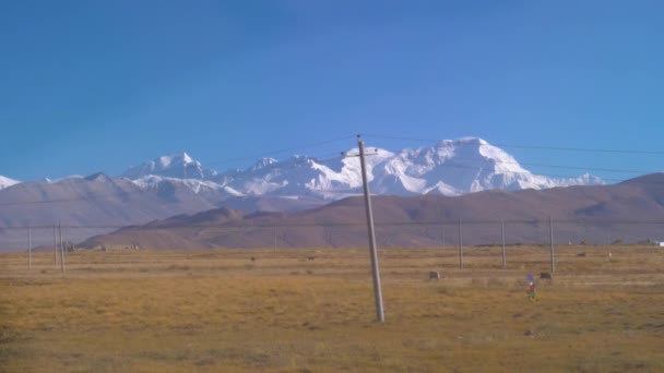 Tibet Platosu 'ndaki geniş yeşil düzlükler boyunca elektrik hatları akıyor. — Stok video