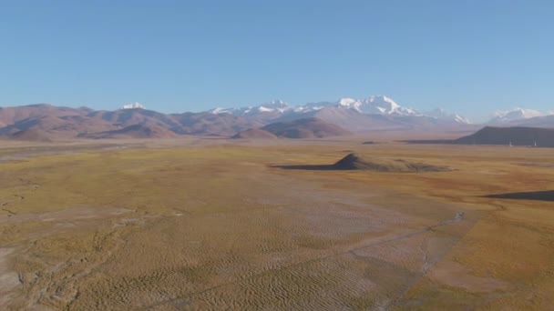 건조 한 평원을 가로질러 눈덮인 산맥을 향해 비행기를 타고 날아가다 — 비디오